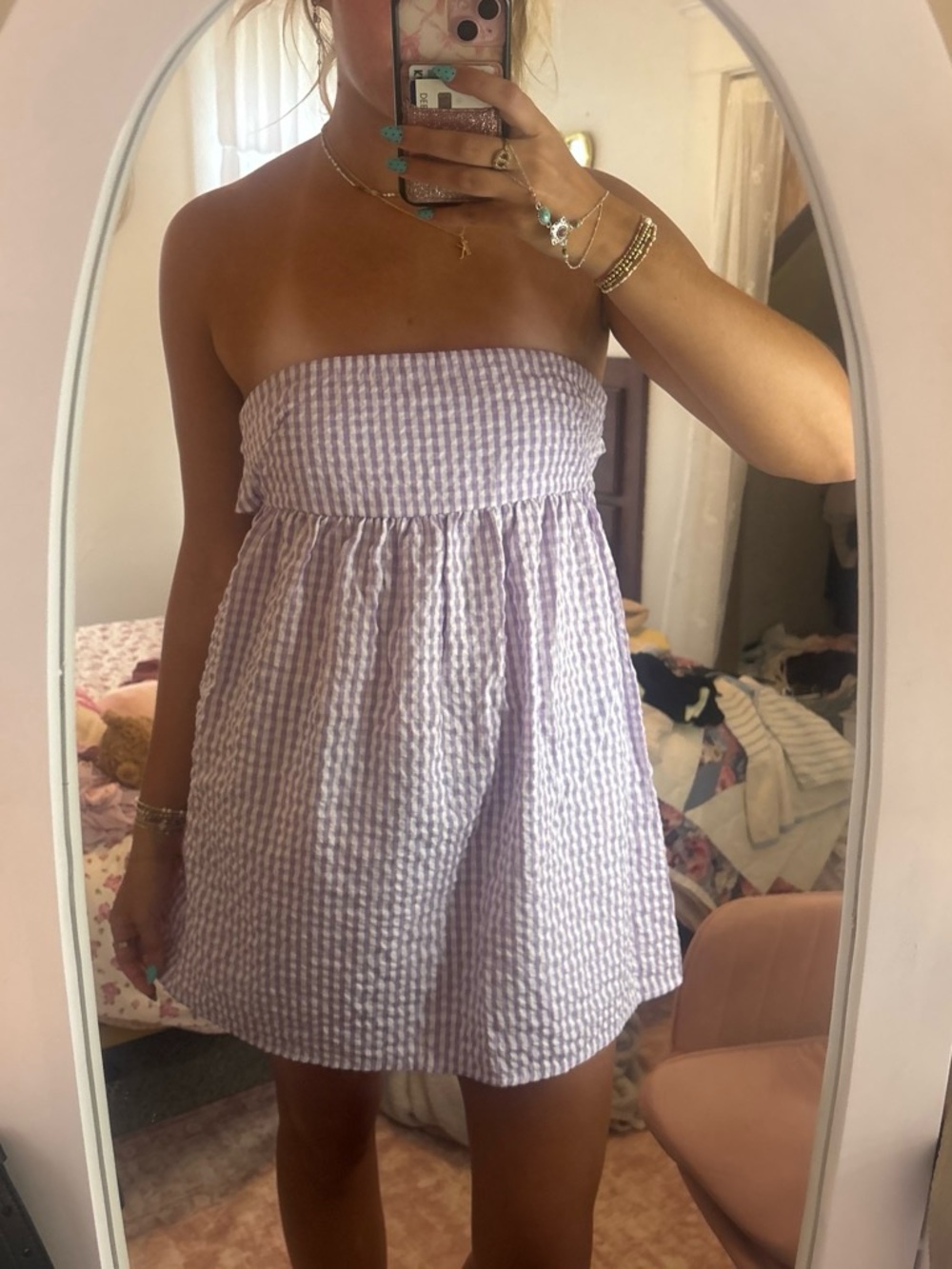 SHEIN Lavender Gingham Strapless Smocked Mini Dress